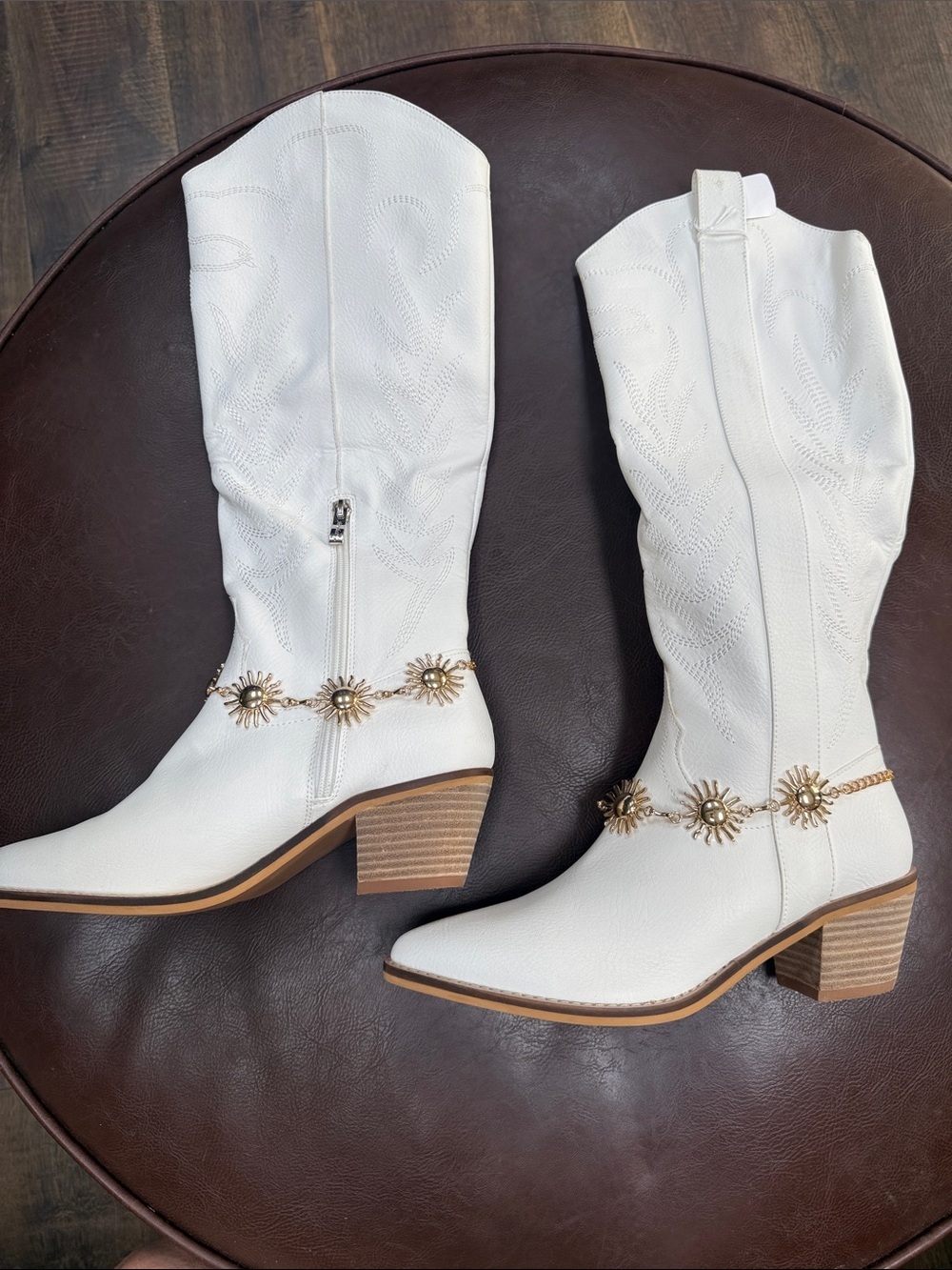 White Western Mid-Calf Heeled Boots with Gold Concho Chain
